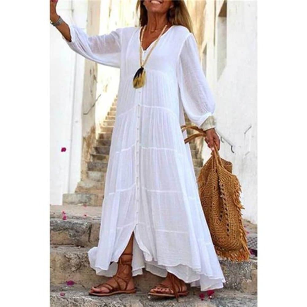 Cotton Linen Boho Maxi Dress Ladies Long Sleeve Loose Smock Sundress - Thumbnail 8
