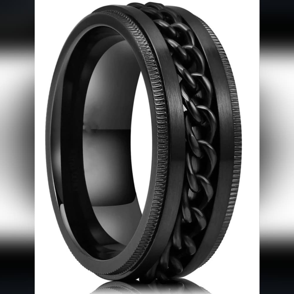 Black Men's Stainless Steel Decore Ring - Thumbnail 3