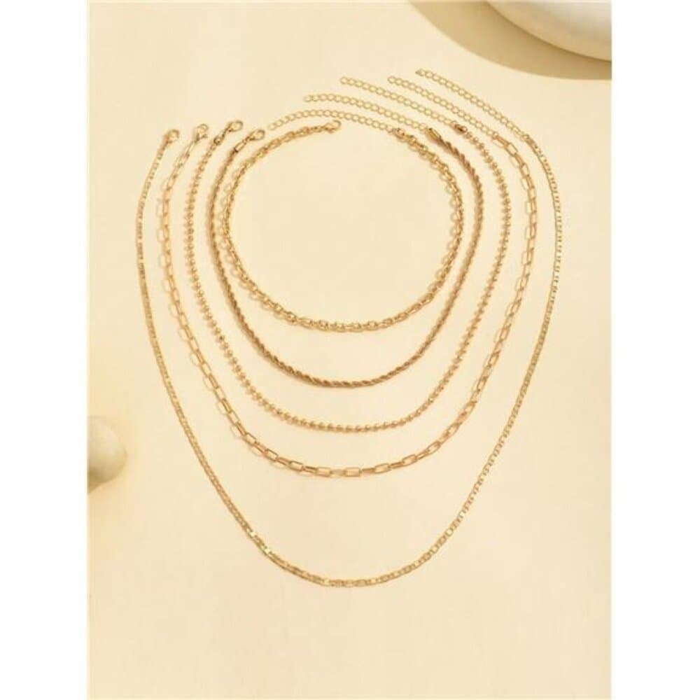 5pcs/Set Simple Braided Bead Chain Necklaces, Gold Tone, Layered Pendant - Thumbnail 2
