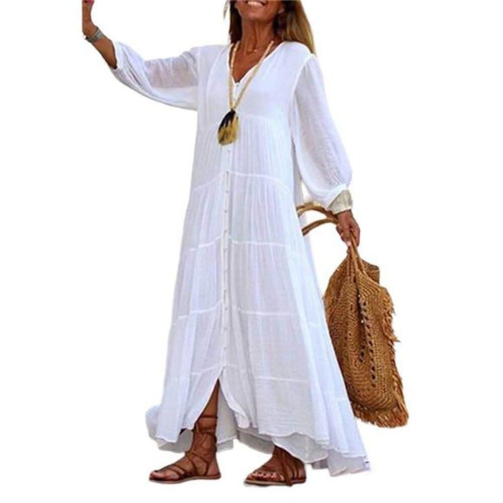 Cotton Linen Boho Maxi Dress Ladies Long Sleeve Loose Smock Sundress - Thumbnail 10