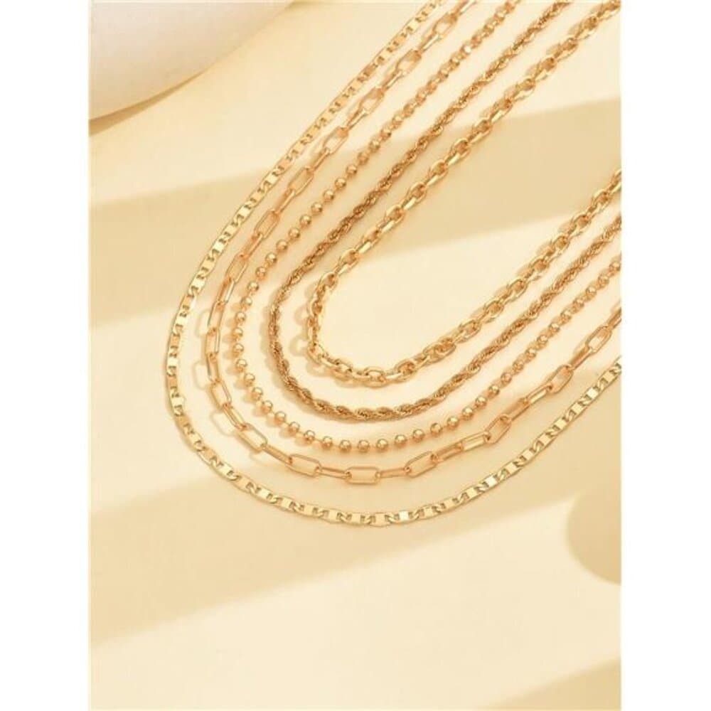 5pcs/Set Simple Braided Bead Chain Necklaces, Gold Tone, Layered Pendant - Thumbnail 3