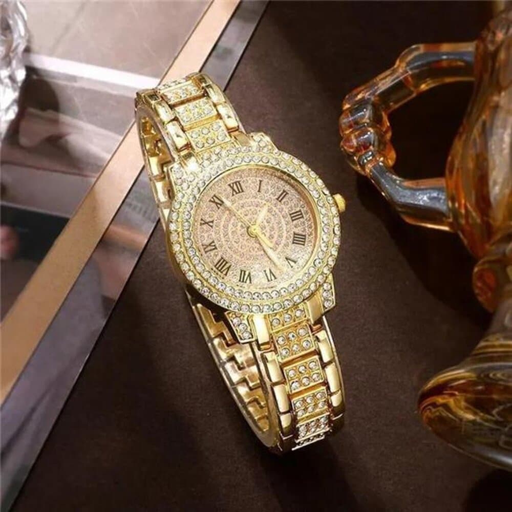 Set of Jewelry Including a Golden Watch, Ring, Necklace, Earrings - Thumbnail 5
