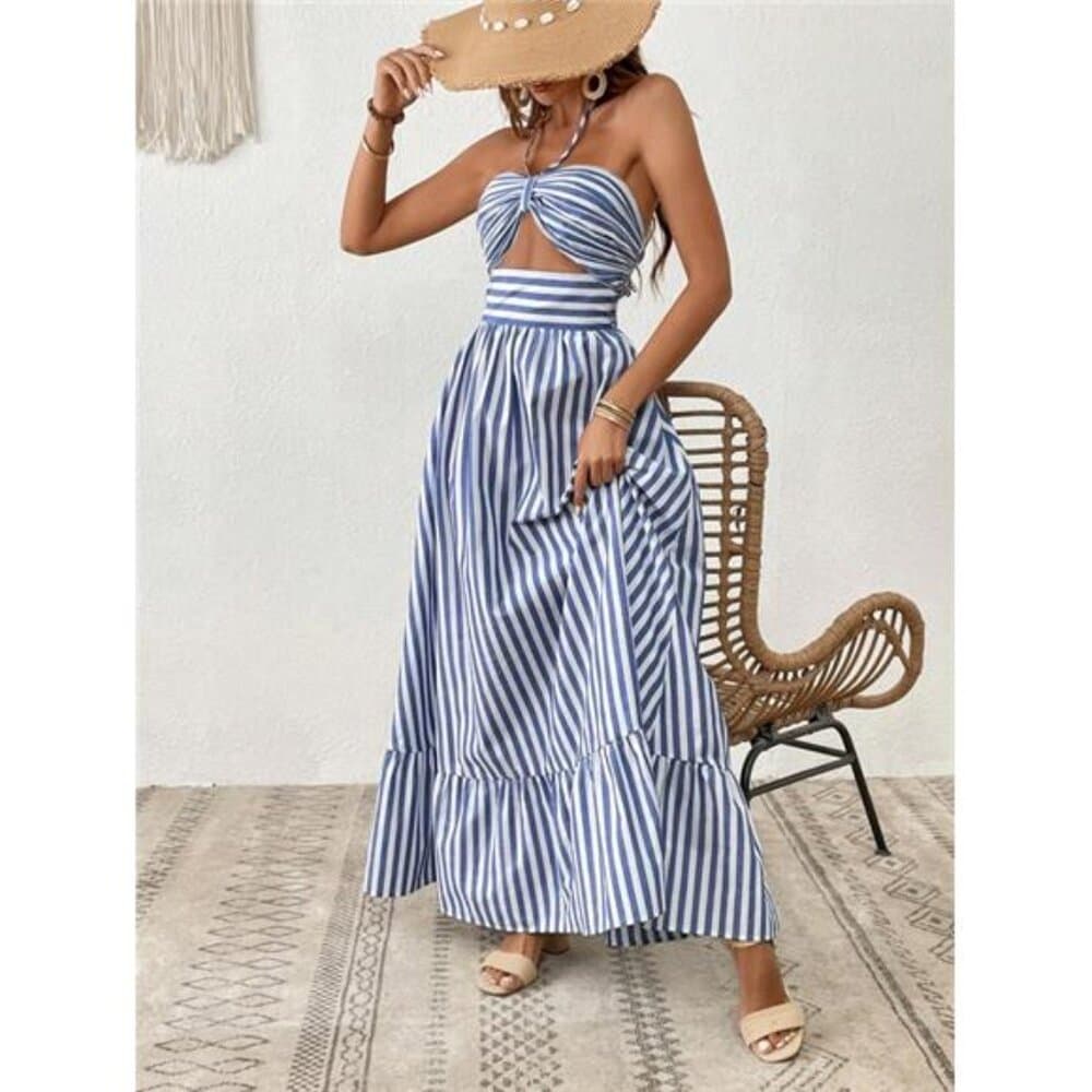 Vacation Striped Print Cut Out Ruffle Hem One Piece Summer Beach Halter Dress - Thumbnail 2
