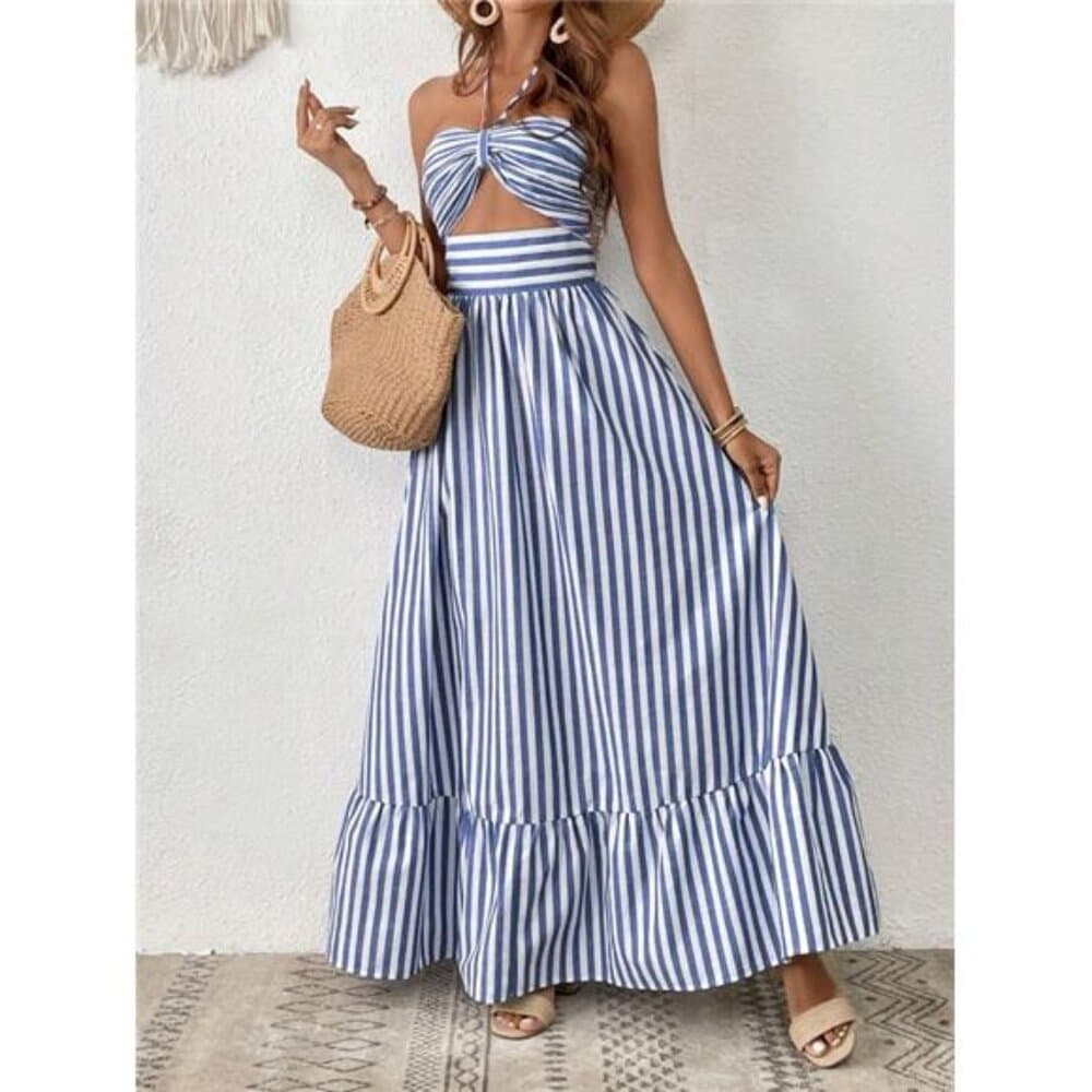 Vacation Striped Print Cut Out Ruffle Hem One Piece Summer Beach Halter Dress - Thumbnail 5