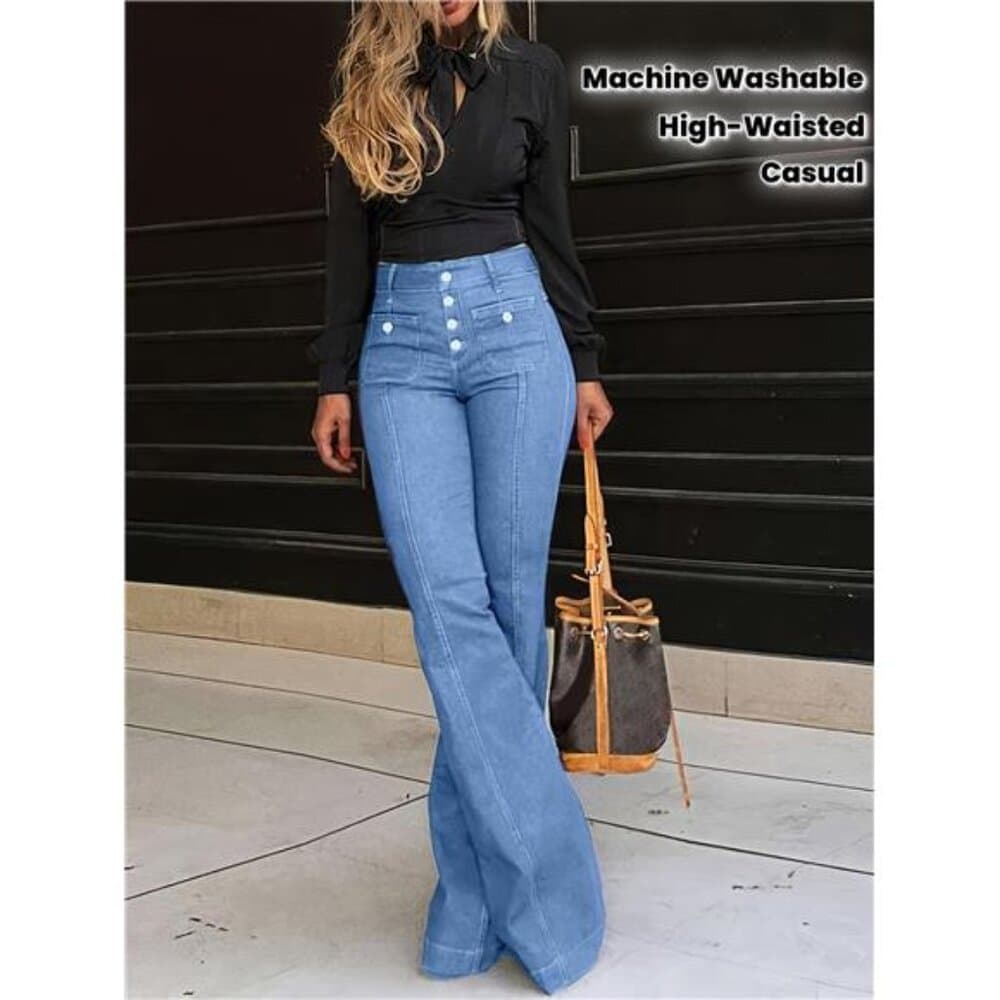 Retro Denim High-Waisted Vintage Bell Bottom Jeans - Thumbnail 5
