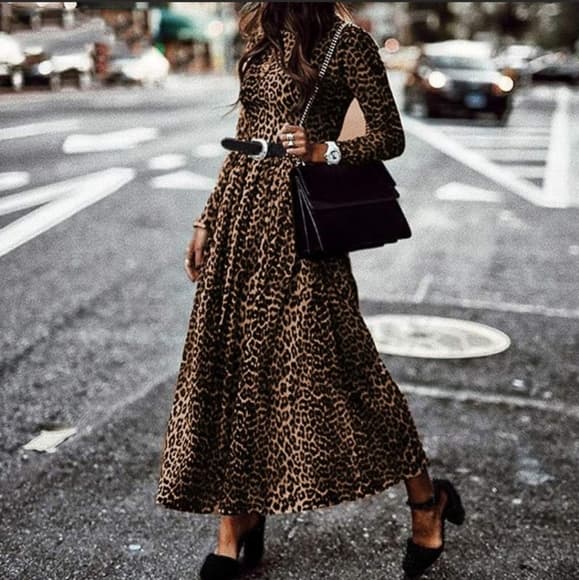 Crew Neck Long Sleeve Leopard Print Midi Dress. - Thumbnail 9