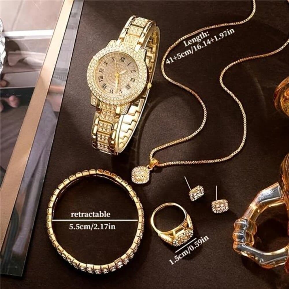 Set of Jewelry Including a Golden Watch, Ring, Necklace, Earrings - Thumbnail 4