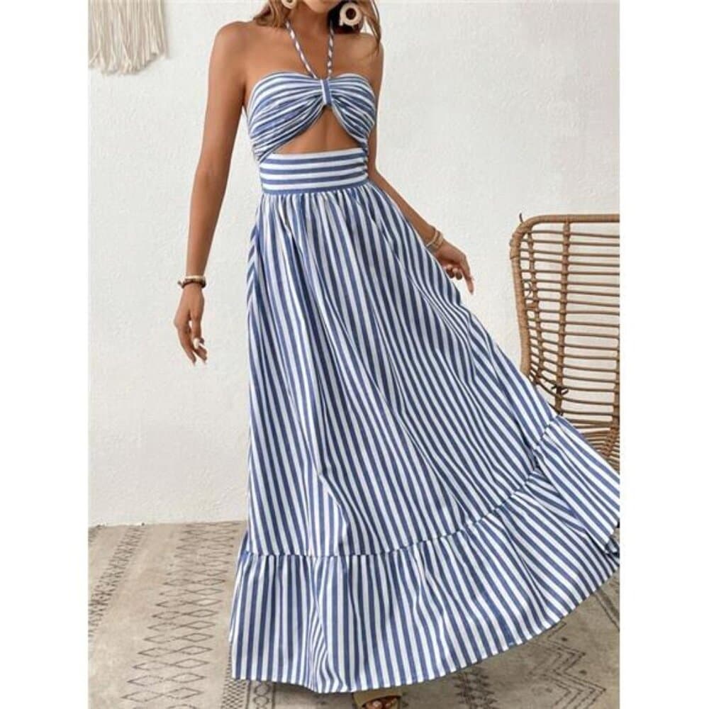 Vacation Striped Print Cut Out Ruffle Hem One Piece Summer Beach Halter Dress - Thumbnail 3