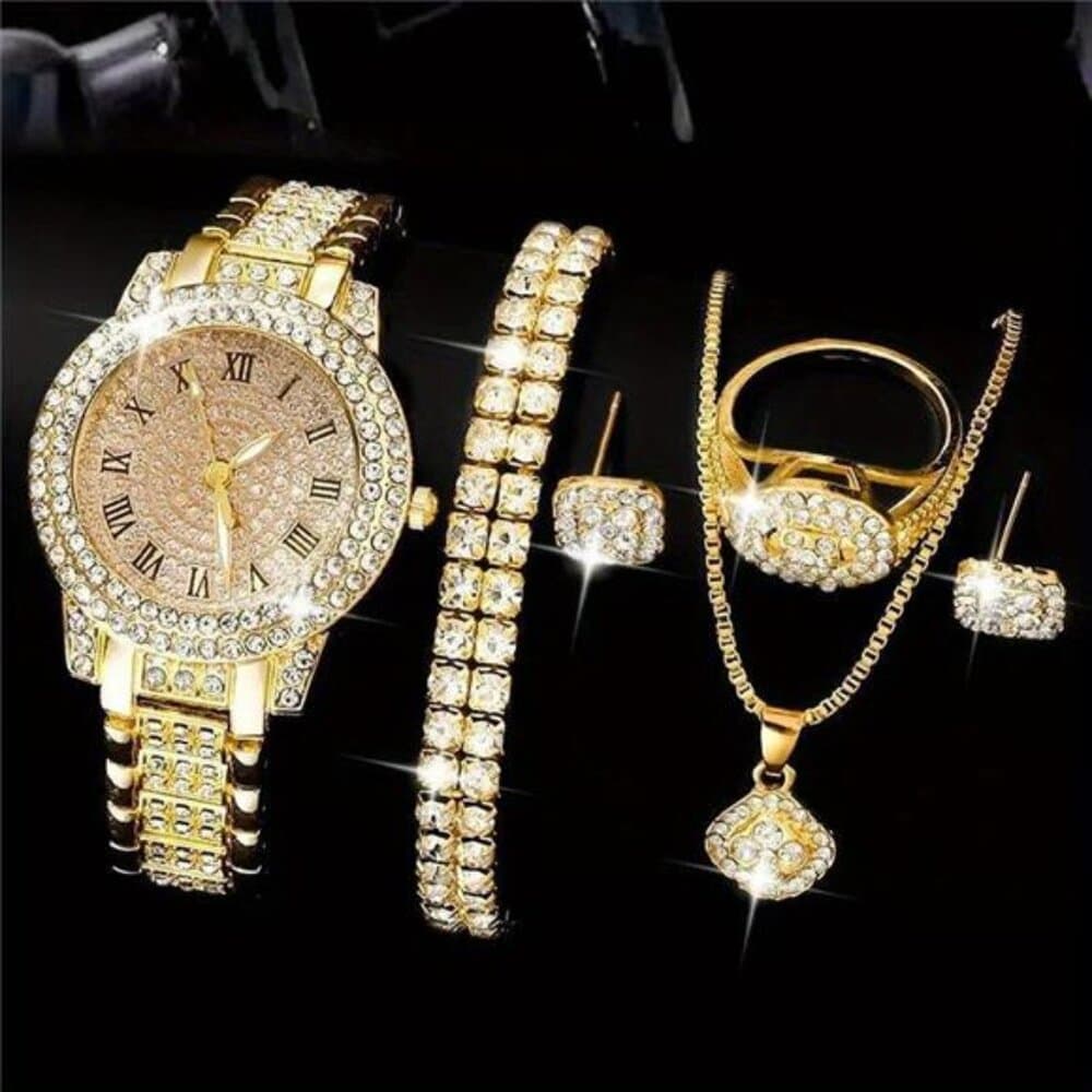 Set of Jewelry Including a Golden Watch, Ring, Necklace, Earrings - Thumbnail 8