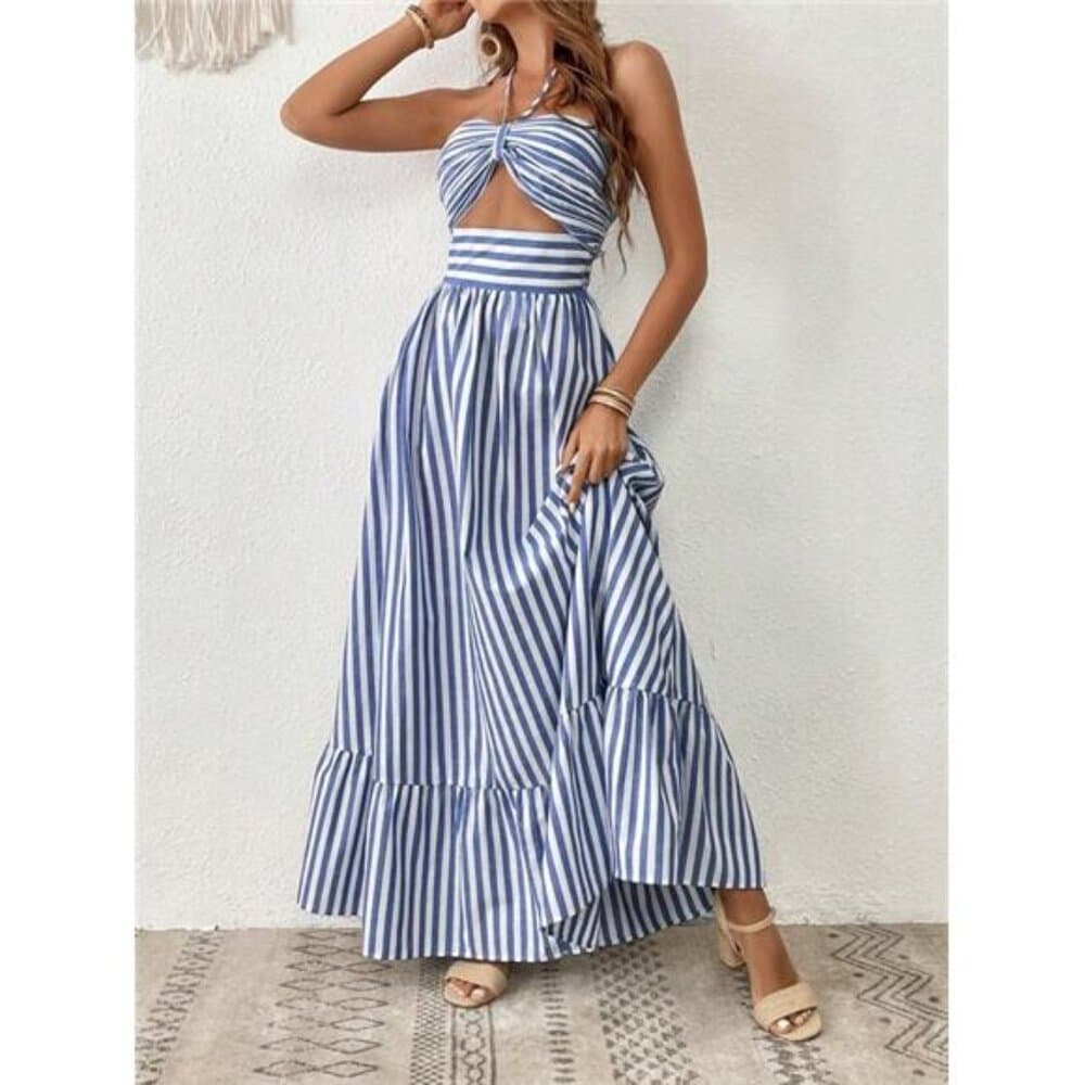 Vacation Striped Print Cut Out Ruffle Hem One Piece Summer Beach Halter Dress - Thumbnail 4