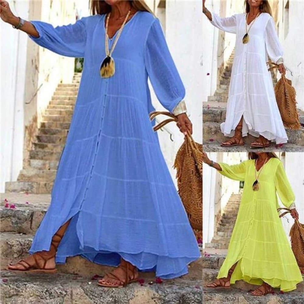 Cotton Linen Boho Maxi Dress Ladies Long Sleeve Loose Smock Sundress - Thumbnail 9