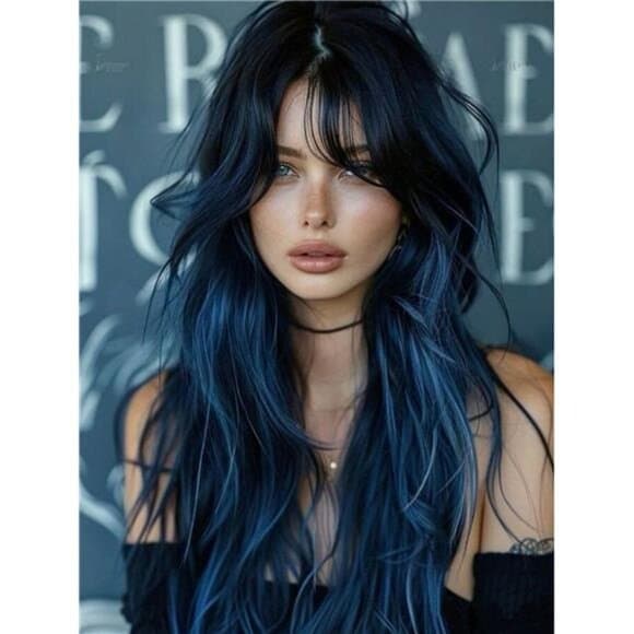 Black Mix Blue Long Natural Curly Wig with bangs - Thumbnail 12