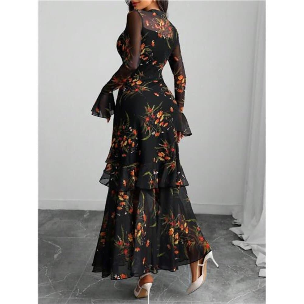 Gothic Elegant Sexy Mesh Splicing Colorful Print Retro Petal Sleeves - Thumbnail 2