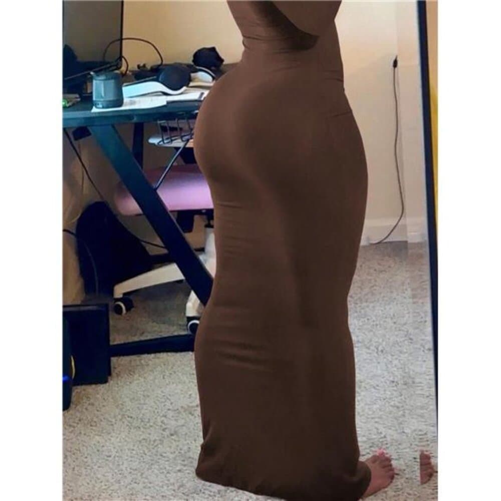 Women's Solid Color Long Sleeve Maxi Fitted Elegant Brown Fall Dress, - Thumbnail 2
