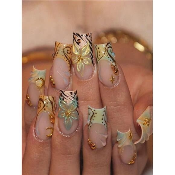 24pcs/Set Elegant 3D Floral, Wavy, Star, Moon & Pearl Designed Long Square - Thumbnail 8