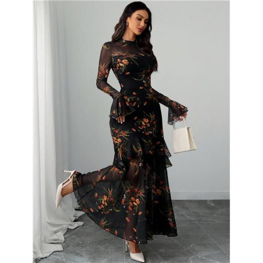 Gothic Elegant Sexy Mesh Splicing Colorful Print Retro Petal Sleeves - Thumbnail 4