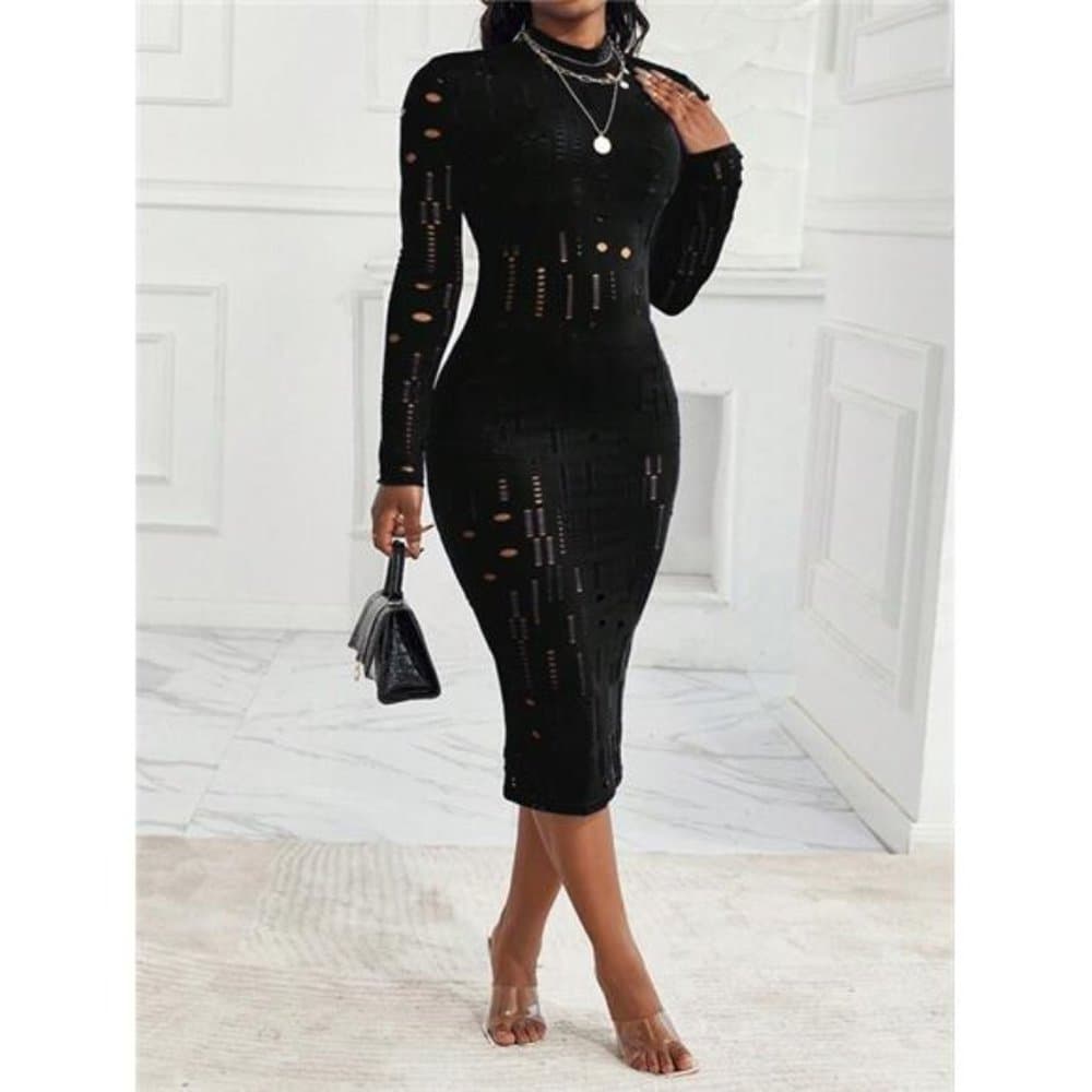 Hollow Out Mock Neck Bodycon Dress - Thumbnail 2