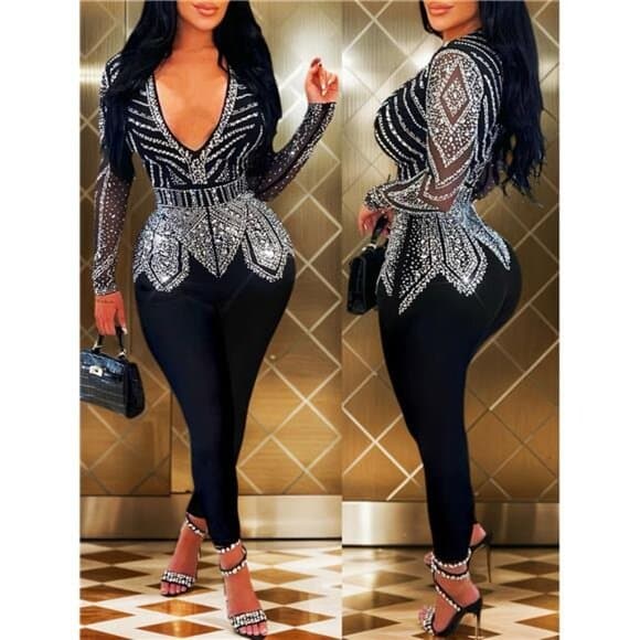 Women's Glamorous Black Jumpsuit - Deep V - Neck, Long Sheer Sleeves, Crystal - - Thumbnail 4