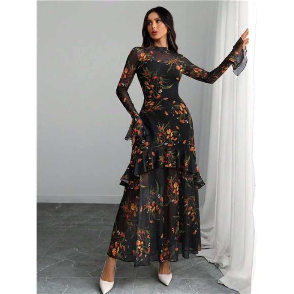 Gothic Elegant Sexy Mesh Splicing Colorful Print Retro Petal Sleeves - Thumbnail 3