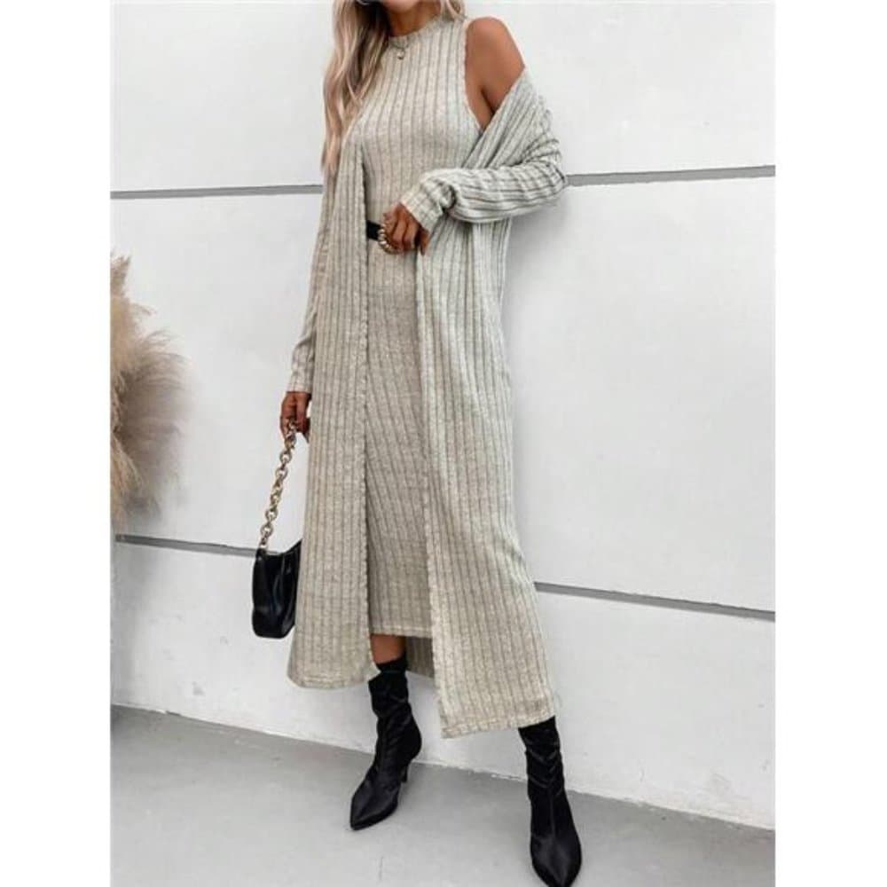 Solid Open Front Coat & Tank Dress - Thumbnail 4