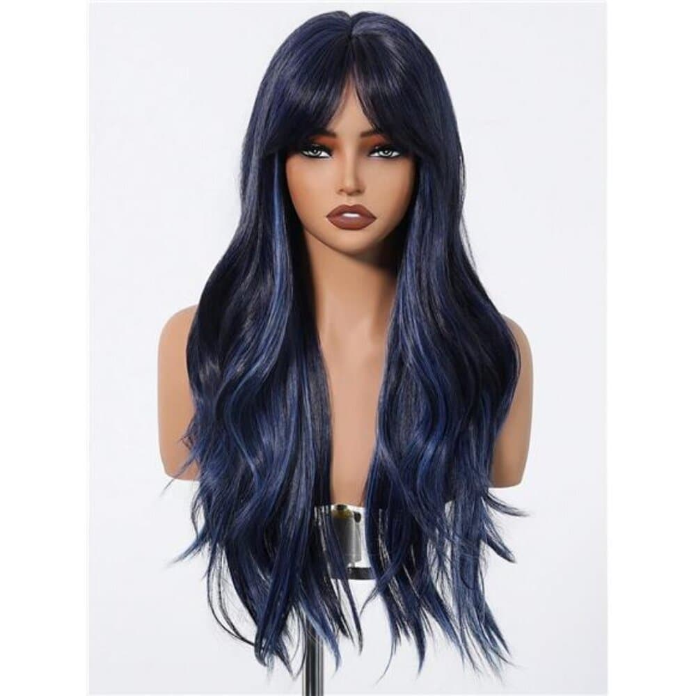 Black Mix Blue Long Natural Curly Wig with bangs - Thumbnail 3