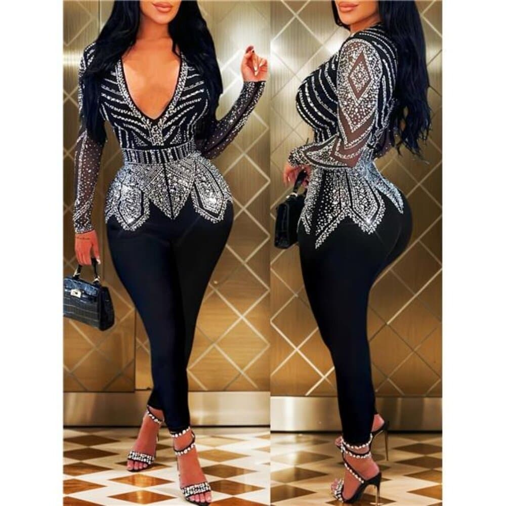 Women's Glamorous Black Jumpsuit - Deep V - Neck, Long Sheer Sleeves, Crystal - - Thumbnail 3