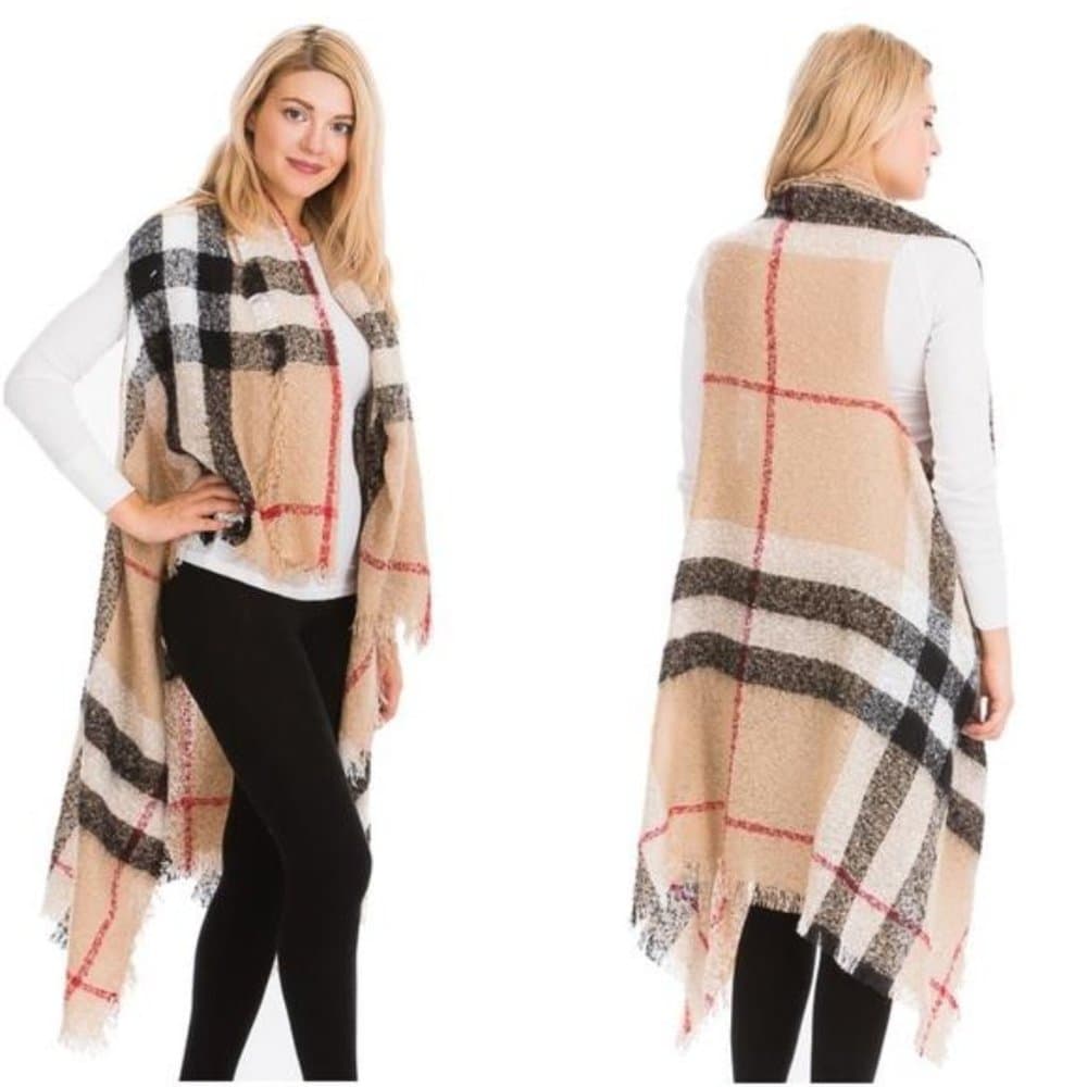 Cozy Plaid Open Front Frayed Hem Vest - Thumbnail 4