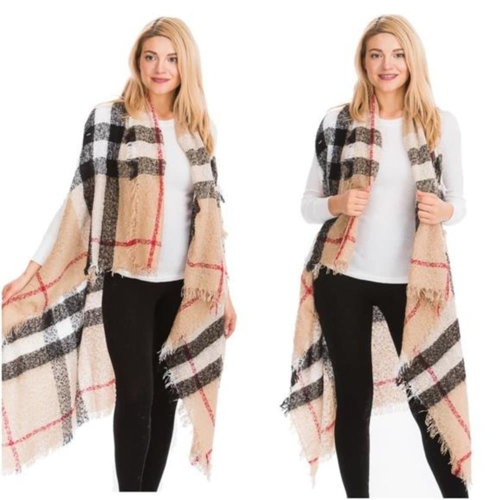 Cozy Plaid Open Front Frayed Hem Vest - Thumbnail 7