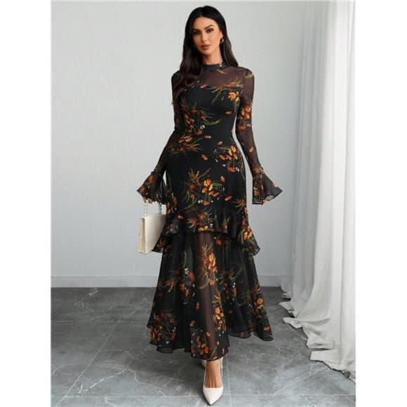 Gothic Elegant Sexy Mesh Splicing Colorful Print Retro Petal Sleeves - Thumbnail 7