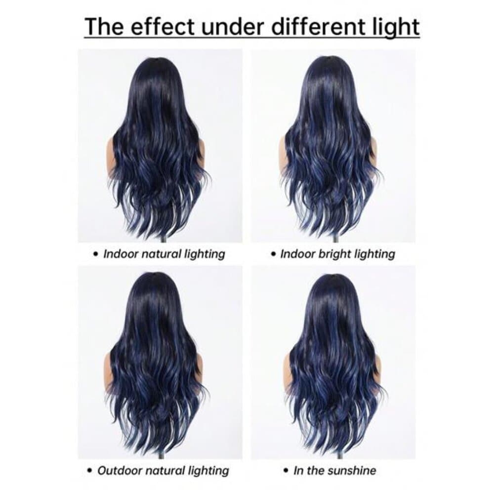 Black Mix Blue Long Natural Curly Wig with bangs - Thumbnail 8