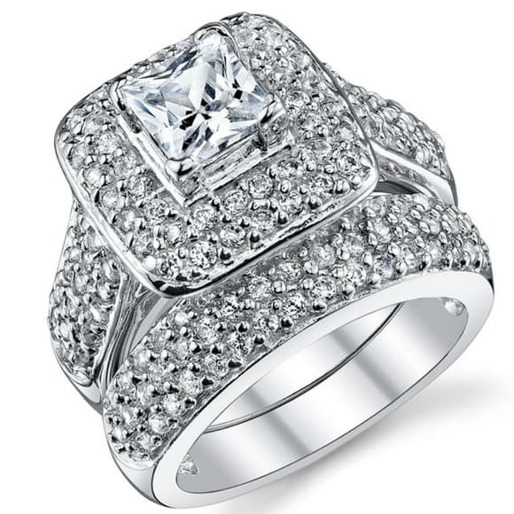 Carat Princess Cut Cubic Zirconia Sterling Silver 925 Wedding Engagement Ring Se - Thumbnail 6