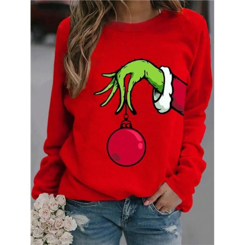 Christmas Funny Graphic Print Casual Crew Neck Long Sleeve T-Shirt - Thumbnail 4