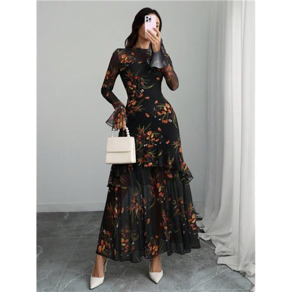 Gothic Elegant Sexy Mesh Splicing Colorful Print Retro Petal Sleeves - Thumbnail 5