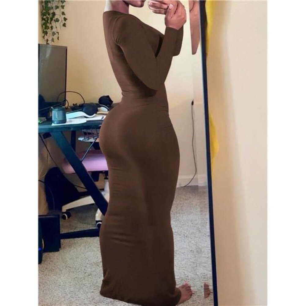 Women's Solid Color Long Sleeve Maxi Fitted Elegant Brown Fall Dress, - Thumbnail 4