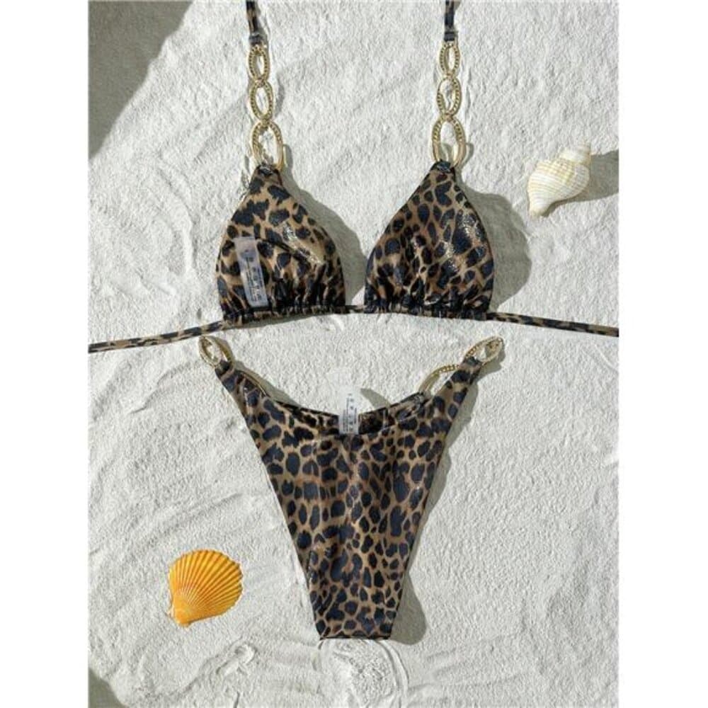 Swim SXY 2pcs Women's Sexy Leopard Print Random Pattern Halter Tie Bikini Set - Thumbnail 2