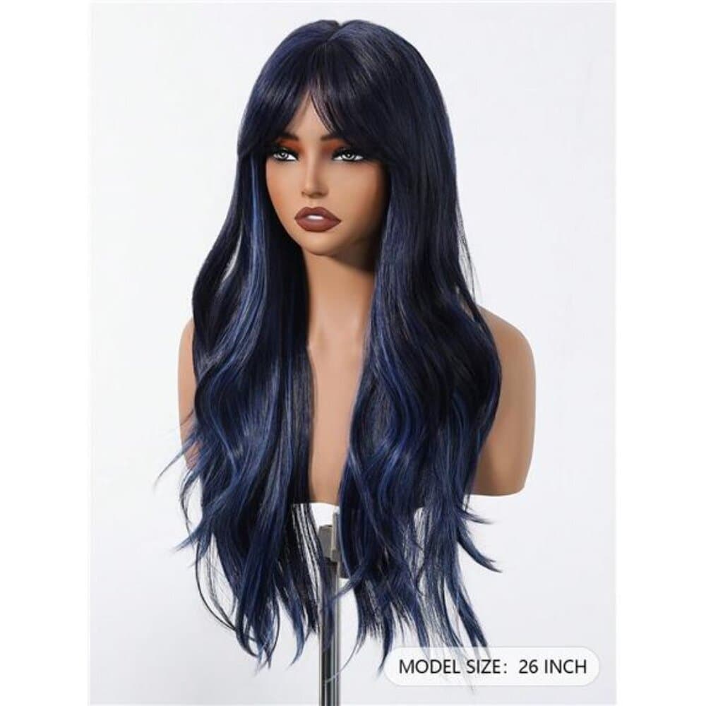 Black Mix Blue Long Natural Curly Wig with bangs - Thumbnail 2
