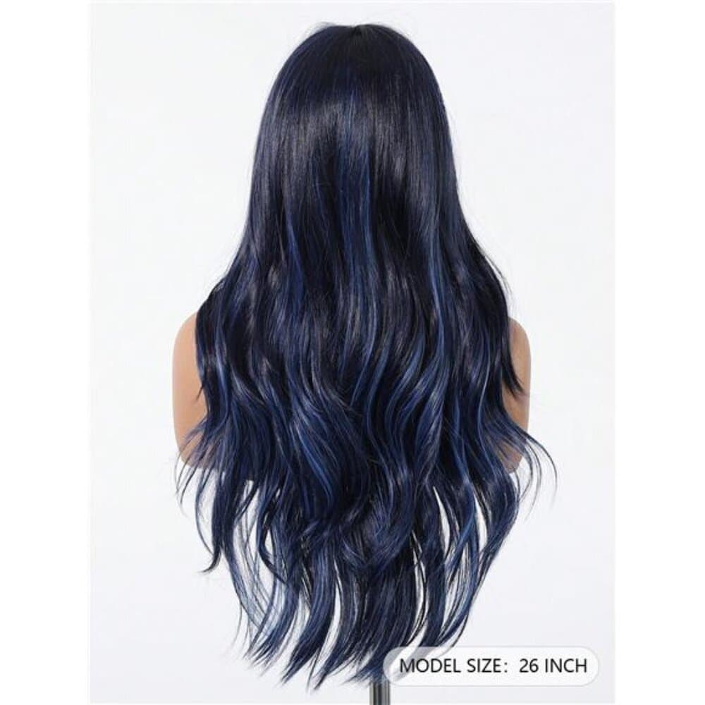 Black Mix Blue Long Natural Curly Wig with bangs - Thumbnail 5