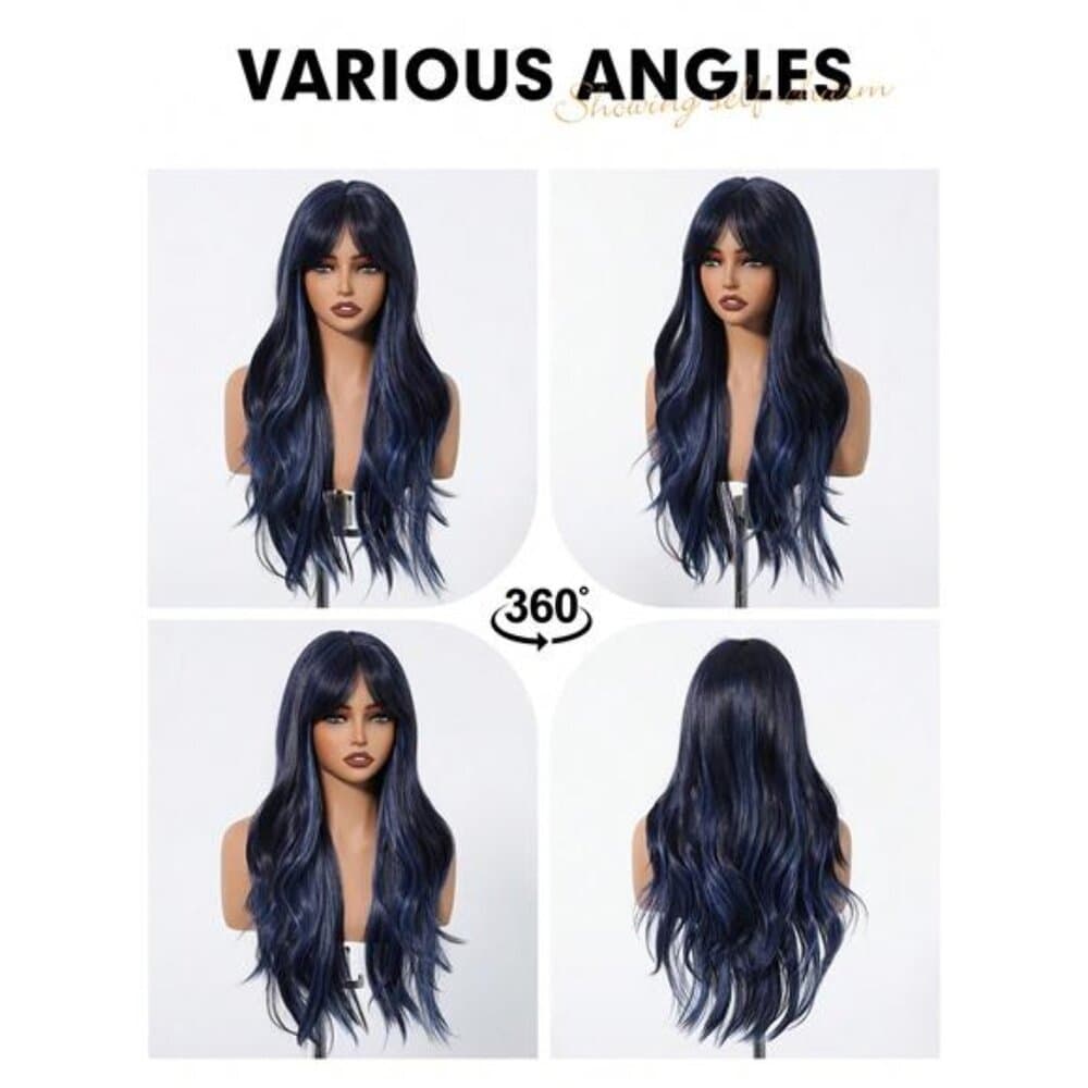 Black Mix Blue Long Natural Curly Wig with bangs - Thumbnail 7