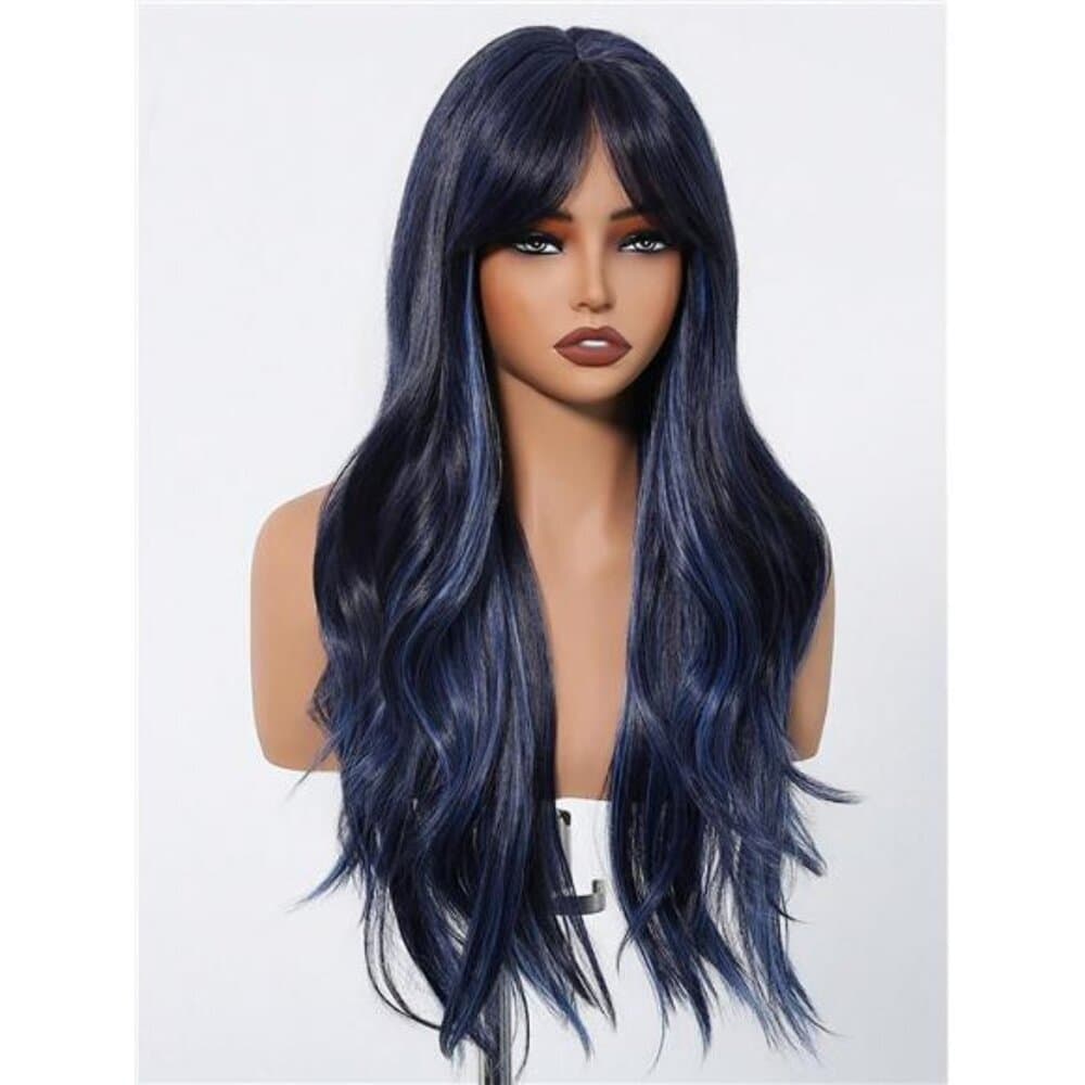 Black Mix Blue Long Natural Curly Wig with bangs - Thumbnail 4