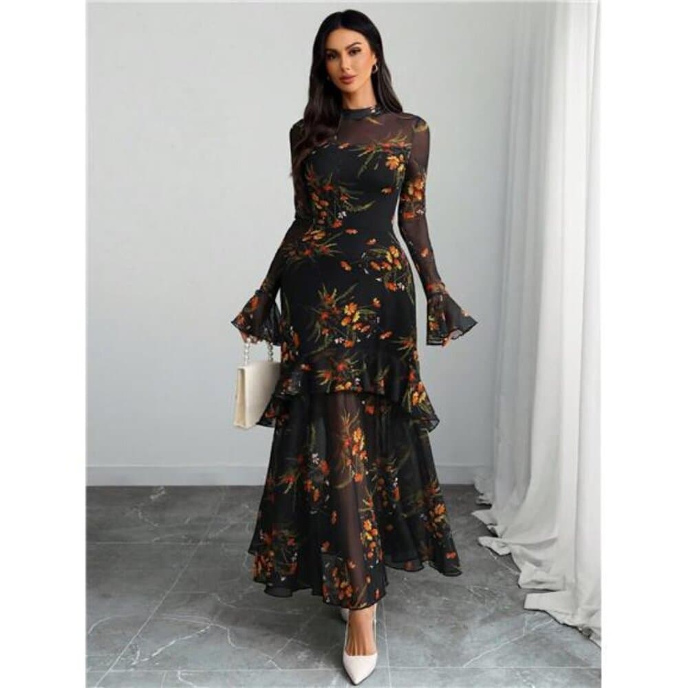 Gothic Elegant Sexy Mesh Splicing Colorful Print Retro Petal Sleeves - Thumbnail 6