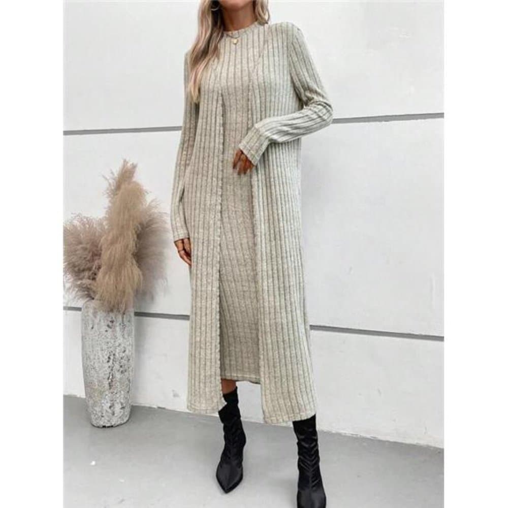 Solid Open Front Coat & Tank Dress - Thumbnail 3