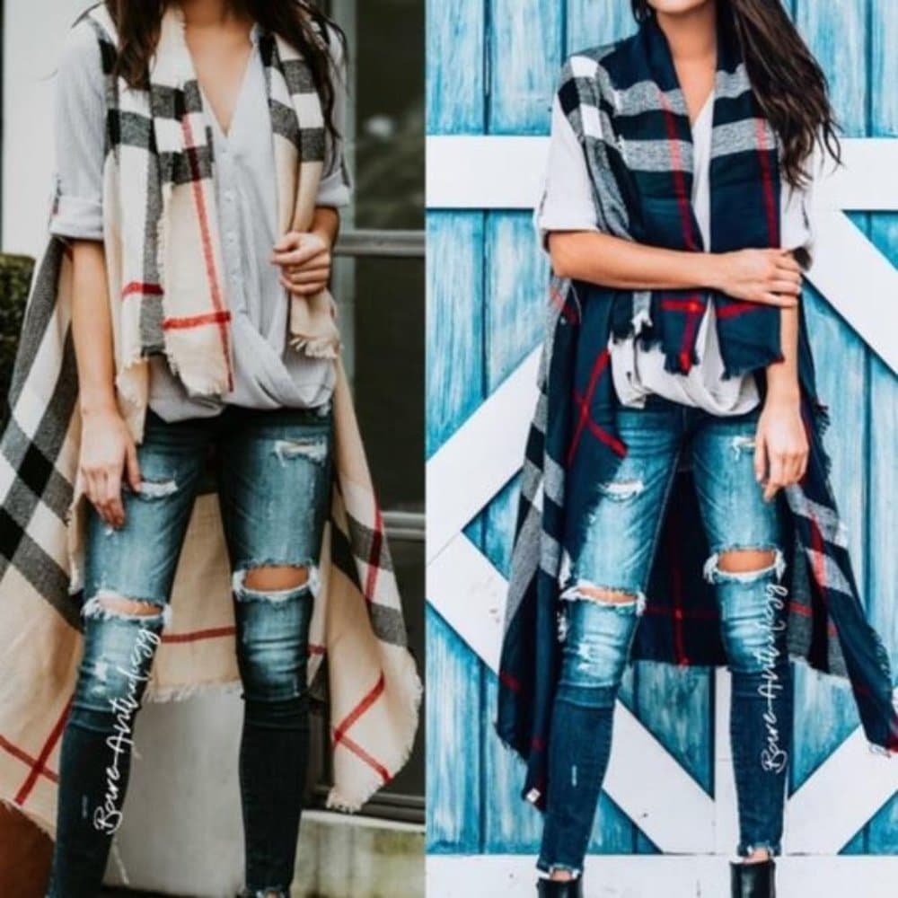 Cozy Plaid Open Front Frayed Hem Vest - Thumbnail 6