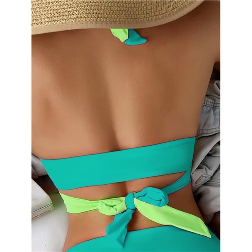 Color Block Criss Cross Ring Belt Decor 2 Piece Set Bikini - Thumbnail 14