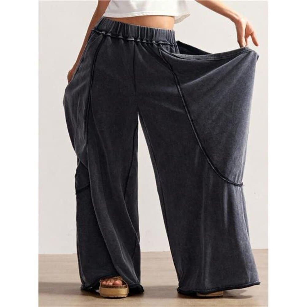 Bohemela Women's Casual Solid Color Knitted Loose Washed Pants Baggy Pants - Thumbnail 5
