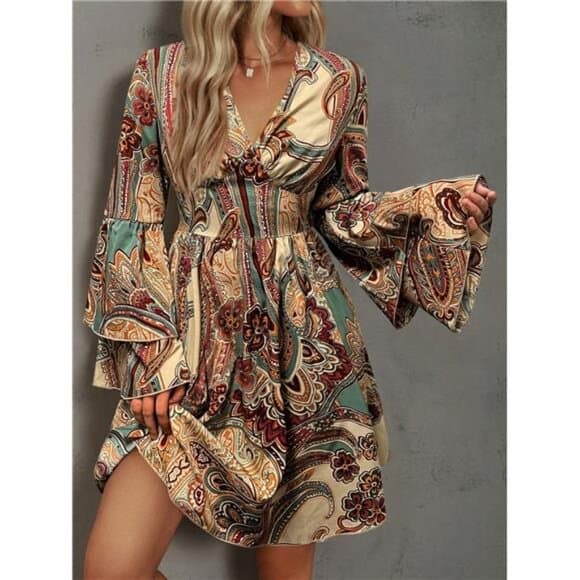 Paisley Print Flare Sleeve Dress - Thumbnail 5