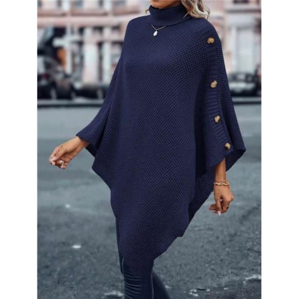 Turtleneck Batwing Sleeve Button Detail Asymmetrical Hem Knit Poncho - Thumbnail 4