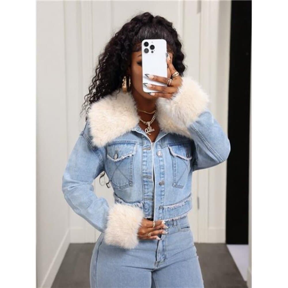 BamGleam Women's Denim Jacket With Detachable Faux Fur Patchwork, Vintage - Thumbnail 3