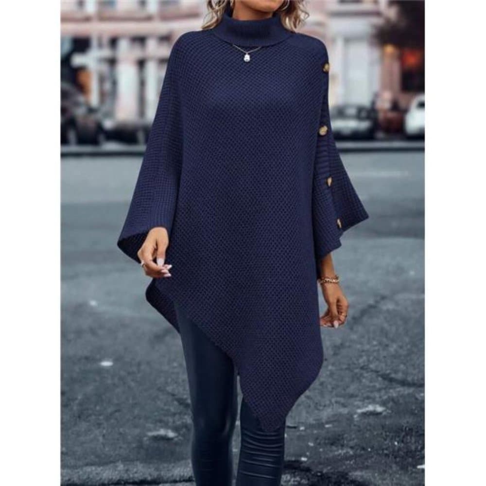 Turtleneck Batwing Sleeve Button Detail Asymmetrical Hem Knit Poncho - Thumbnail 3