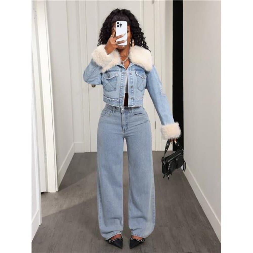 BamGleam Women's Denim Jacket With Detachable Faux Fur Patchwork, Vintage - Thumbnail 5