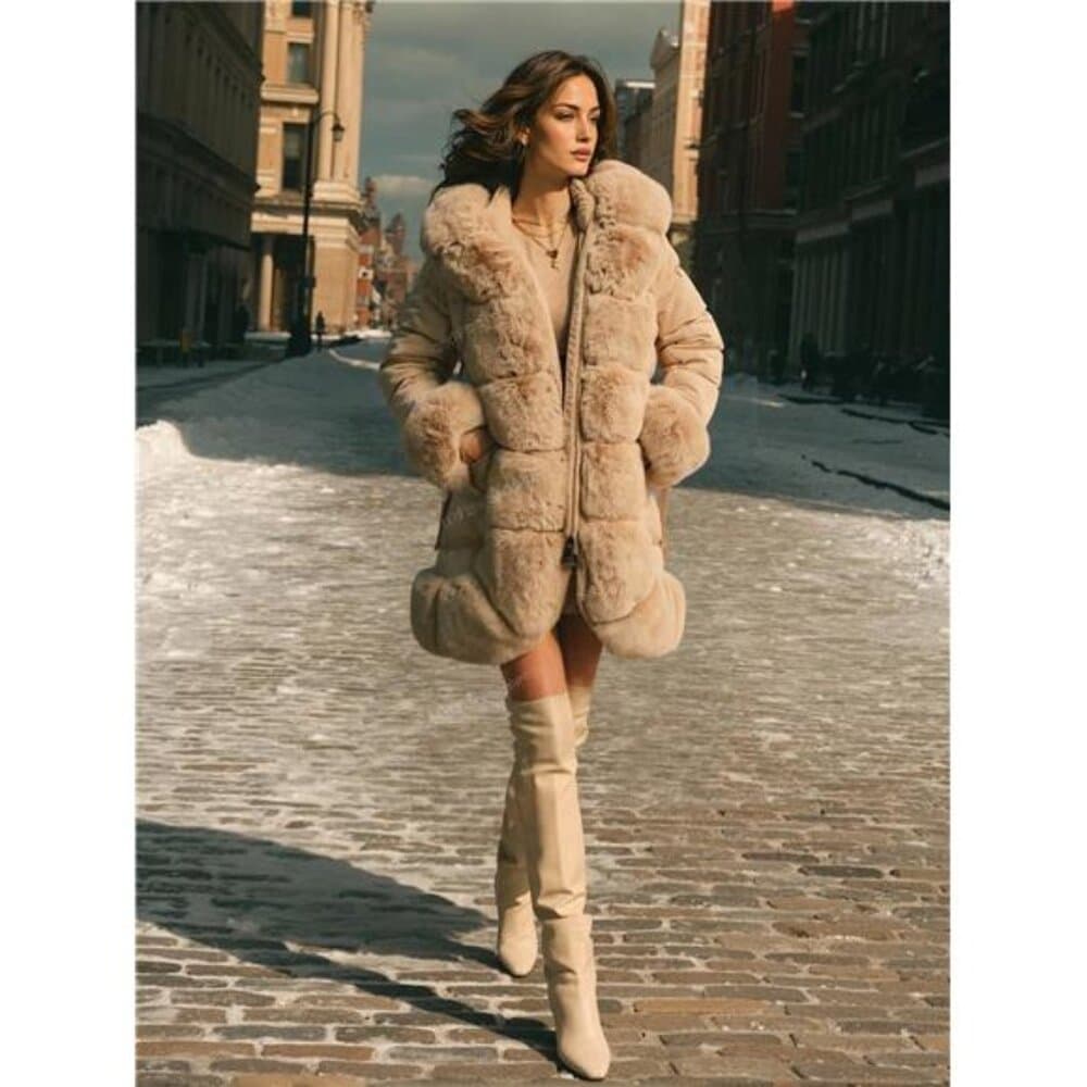 Thick Long Fluffy Fur Collar Quilted Women Jacket - Thumbnail 6